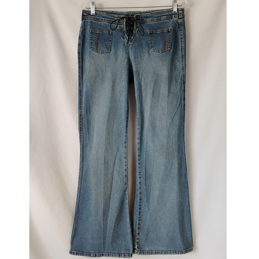 Womens Vintage Retro Y2K Lace Fly Denim Blue Jeans Distressed Flare Bell Bottoms